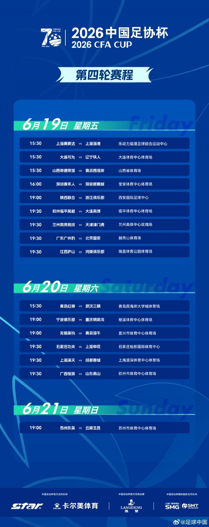 足协杯第4轮赛程出炉 16支中超队6月19-21日全面出击